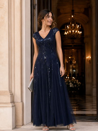 Freya Navy Sequin Embroidered Cap Sleeve Maxi Evening Dress