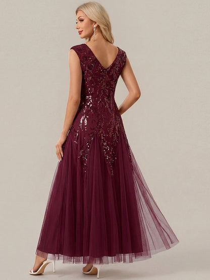 Freya Navy Sequin Embroidered Cap Sleeve Maxi Evening Dress