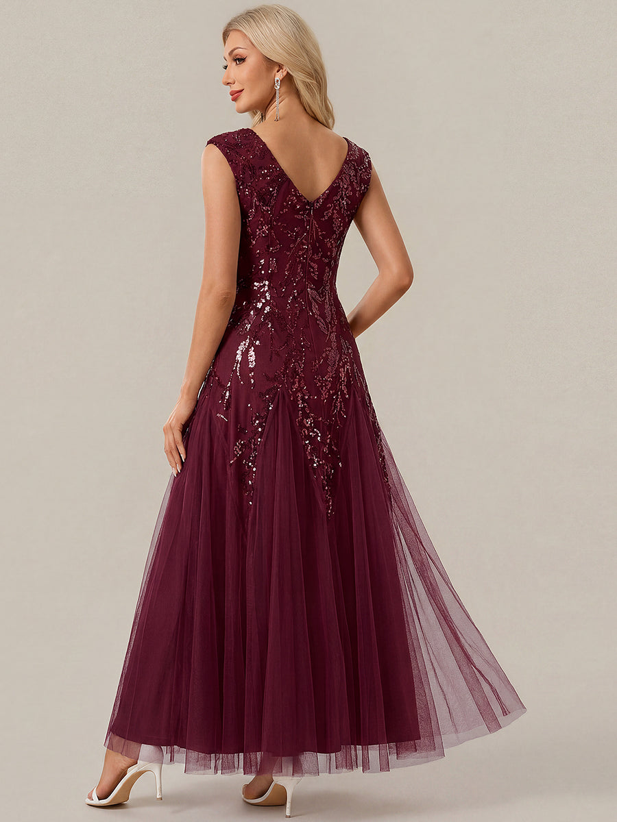 Freya Navy Sequin Embroidered Cap Sleeve Maxi Evening Dress