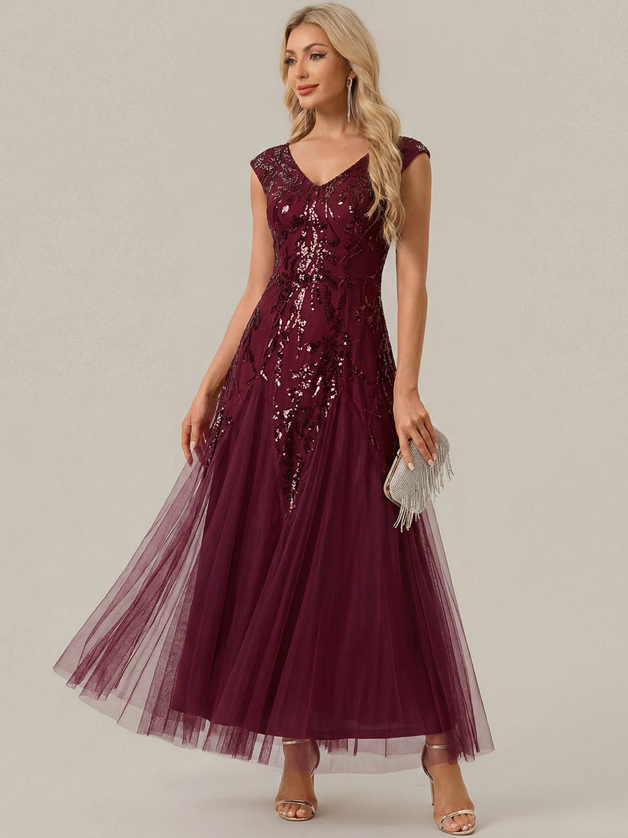 Freya Navy Sequin Embroidered Cap Sleeve Maxi Evening Dress