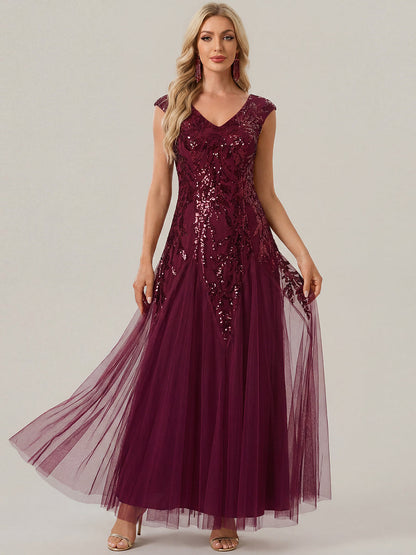 Freya Navy Sequin Embroidered Cap Sleeve Maxi Evening Dress