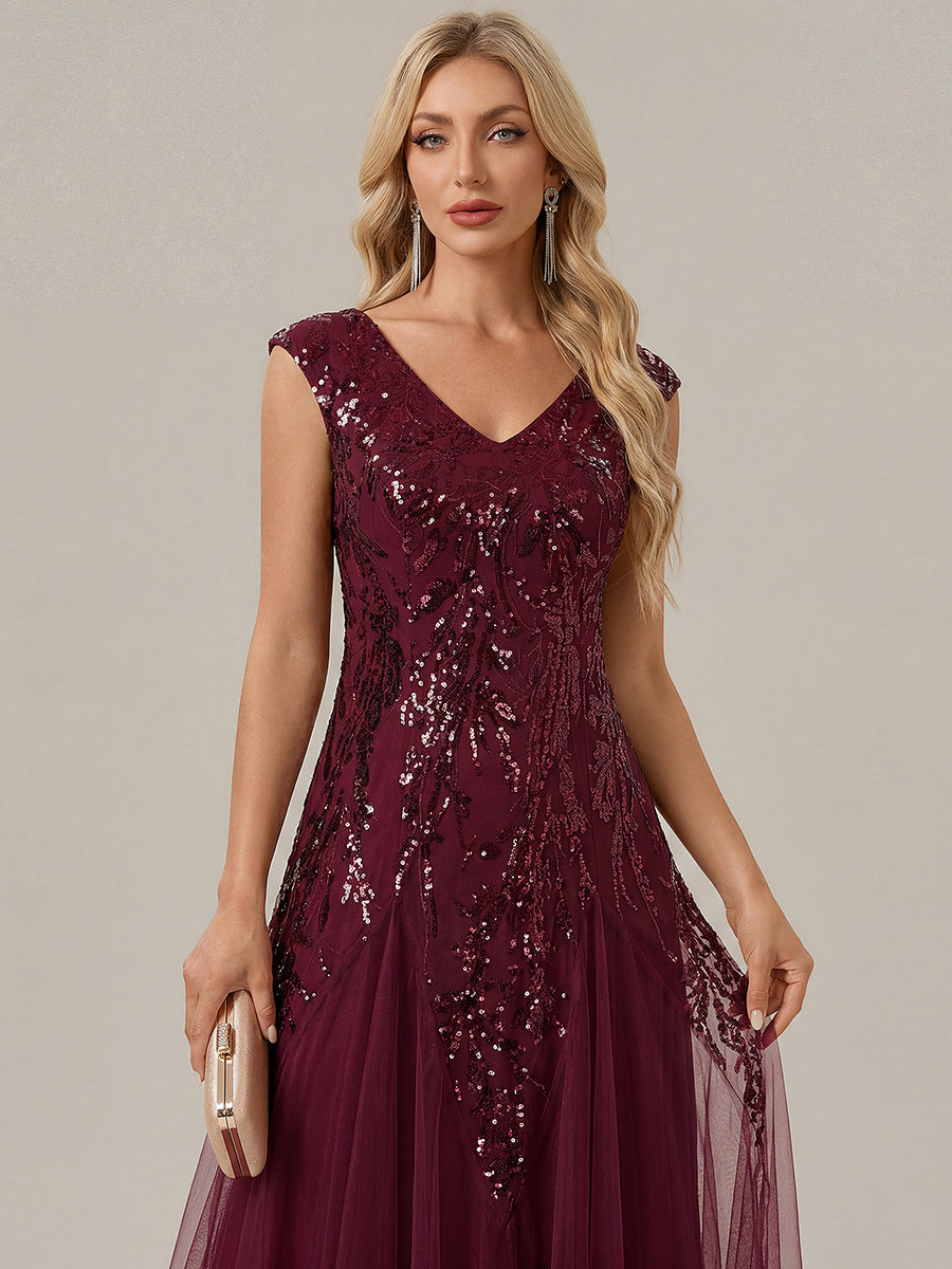 Freya Navy Sequin Embroidered Cap Sleeve Maxi Evening Dress