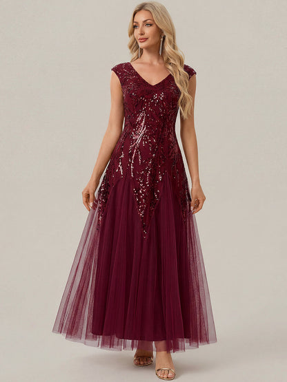 Freya Navy Sequin Embroidered Cap Sleeve Maxi Evening Dress