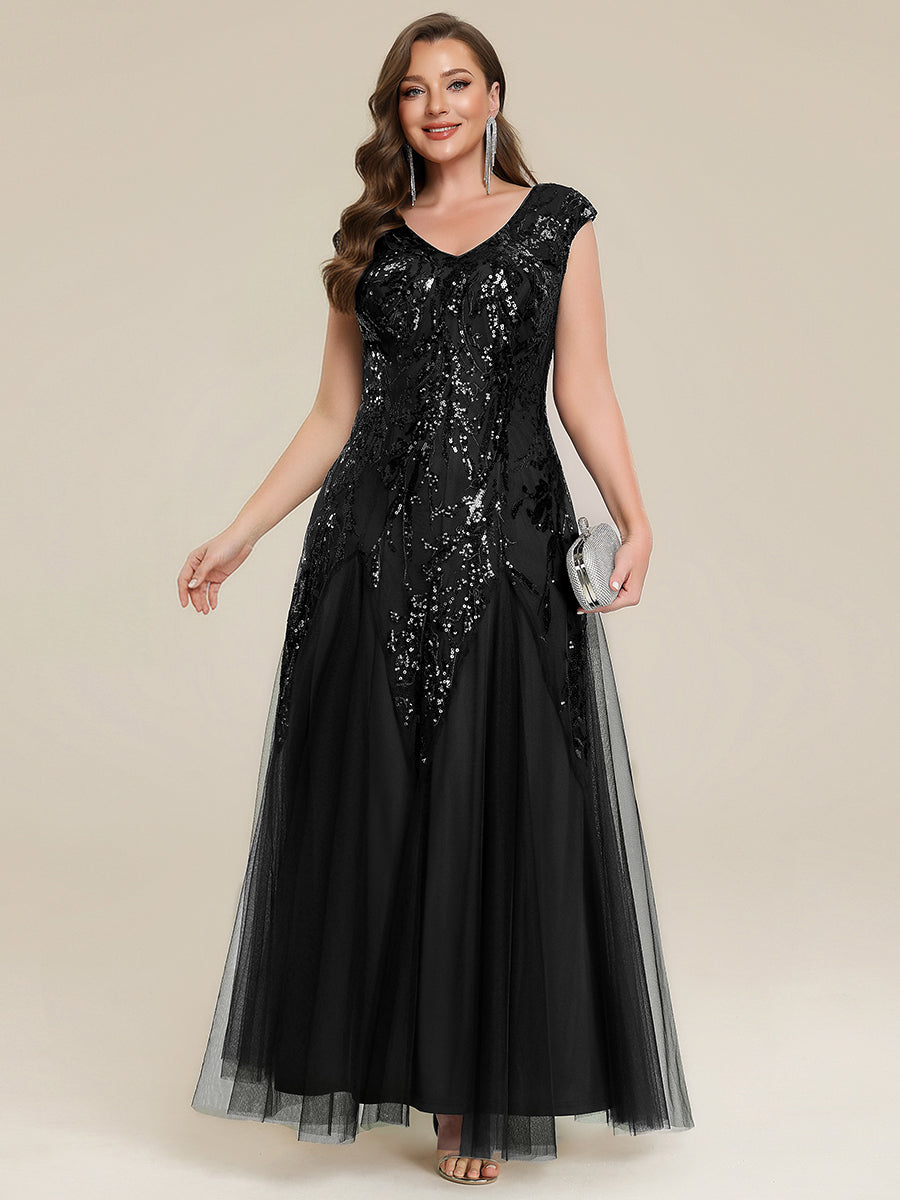 Freya Navy Sequin Embroidered Cap Sleeve Maxi Evening Dress