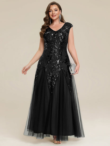 Freya Navy Sequin Embroidered Cap Sleeve Maxi Evening Dress