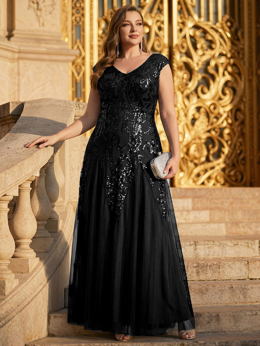 Freya Navy Sequin Embroidered Cap Sleeve Maxi Evening Dress