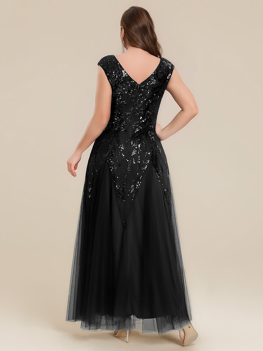 Freya Navy Sequin Embroidered Cap Sleeve Maxi Evening Dress