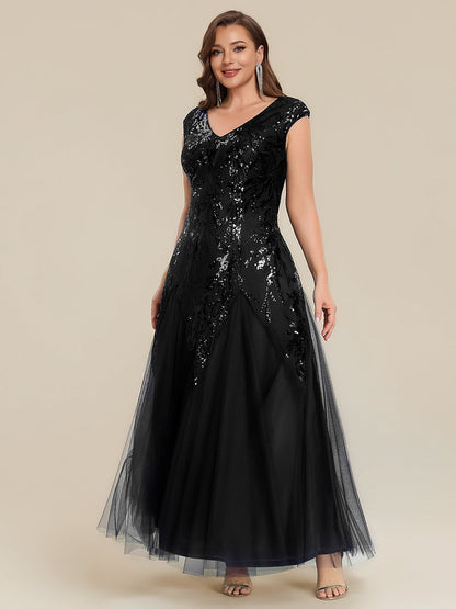 Freya Navy Sequin Embroidered Cap Sleeve Maxi Evening Dress