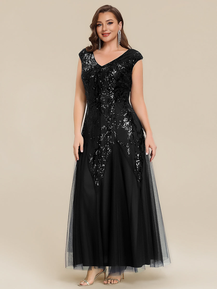Freya Navy Sequin Embroidered Cap Sleeve Maxi Evening Dress