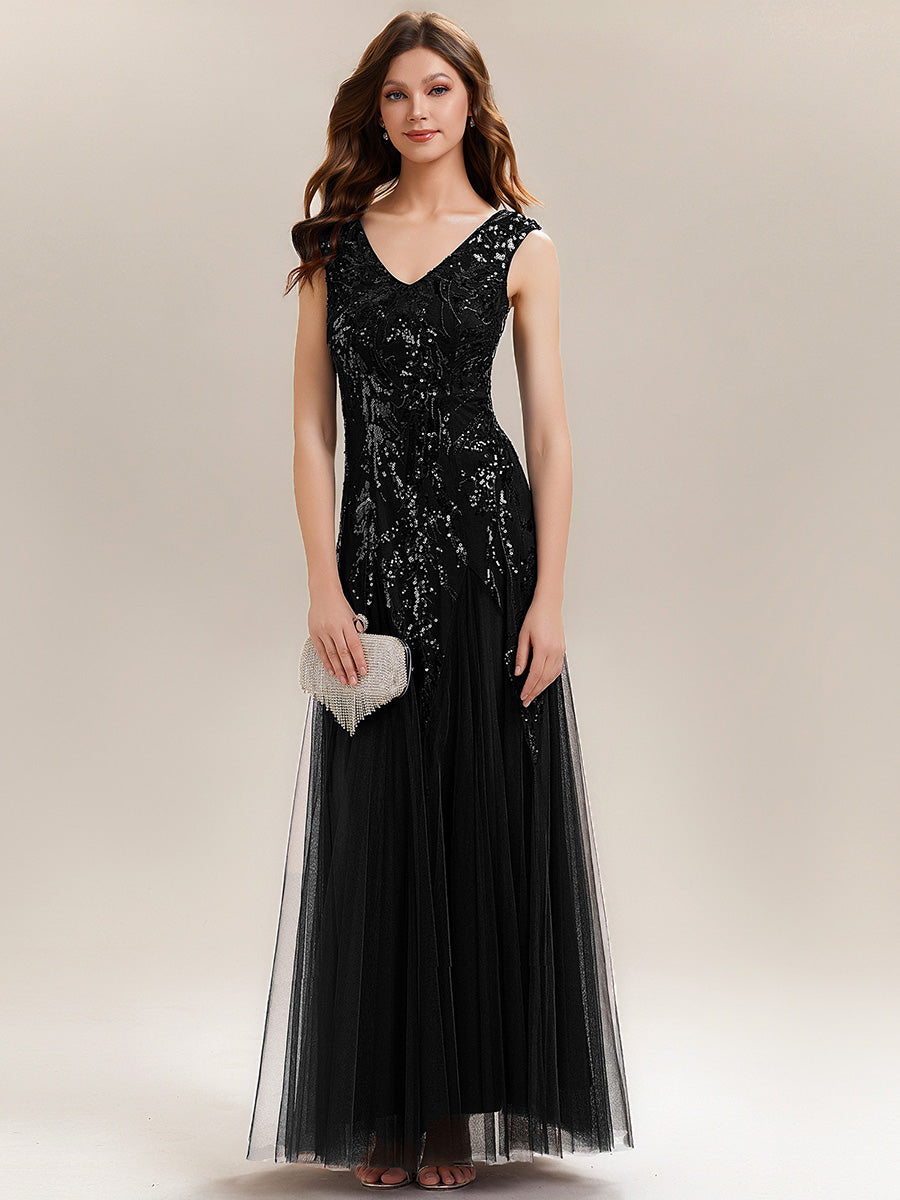 Freya Navy Sequin Embroidered Cap Sleeve Maxi Evening Dress