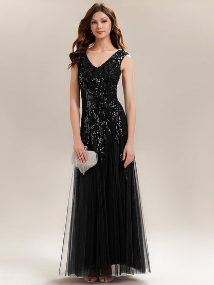 Freya Navy Sequin Embroidered Cap Sleeve Maxi Evening Dress