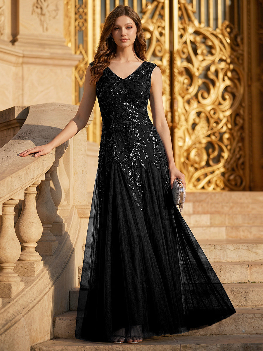 Freya Navy Sequin Embroidered Cap Sleeve Maxi Evening Dress