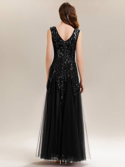 Freya Navy Sequin Embroidered Cap Sleeve Maxi Evening Dress