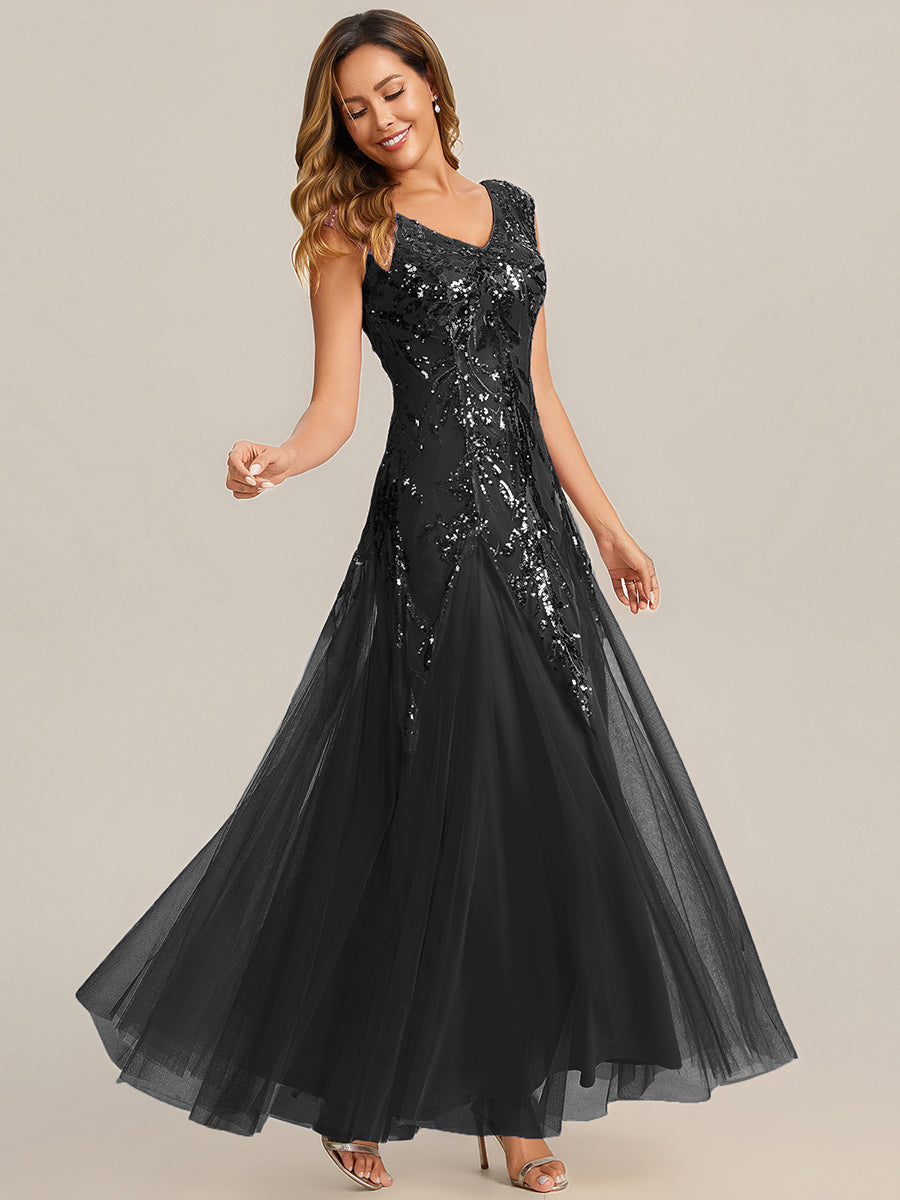 Freya Navy Sequin Embroidered Cap Sleeve Maxi Evening Dress