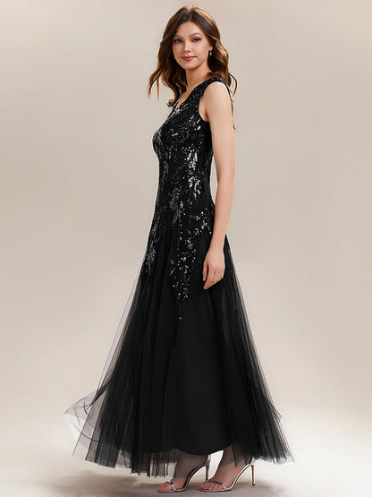 Freya Navy Sequin Embroidered Cap Sleeve Maxi Evening Dress