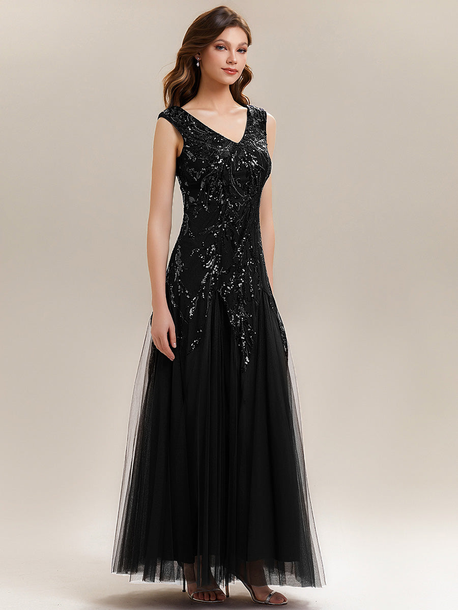 Freya Navy Sequin Embroidered Cap Sleeve Maxi Evening Dress