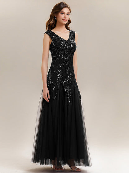 Freya Navy Sequin Embroidered Cap Sleeve Maxi Evening Dress