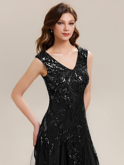 Freya Navy Sequin Embroidered Cap Sleeve Maxi Evening Dress