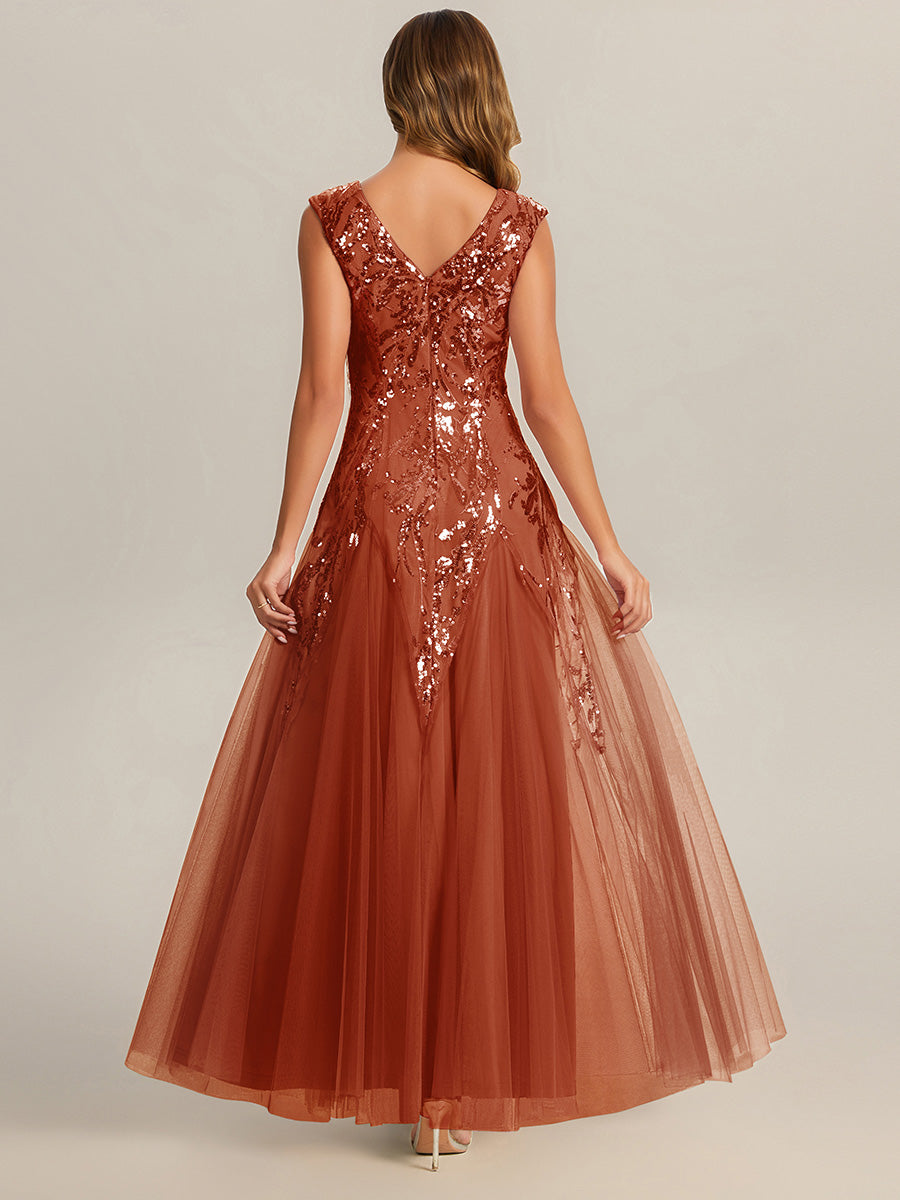 Freya Navy Sequin Embroidered Cap Sleeve Maxi Evening Dress