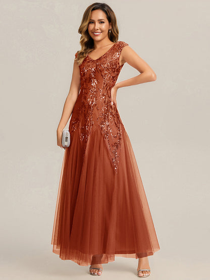 Freya Navy Sequin Embroidered Cap Sleeve Maxi Evening Dress