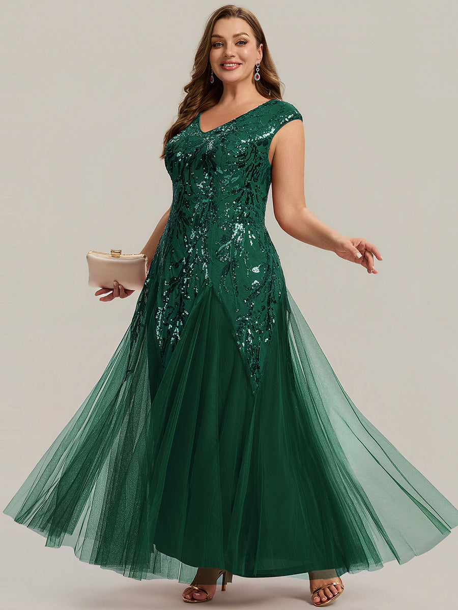 Freya Navy Sequin Embroidered Cap Sleeve Maxi Evening Dress