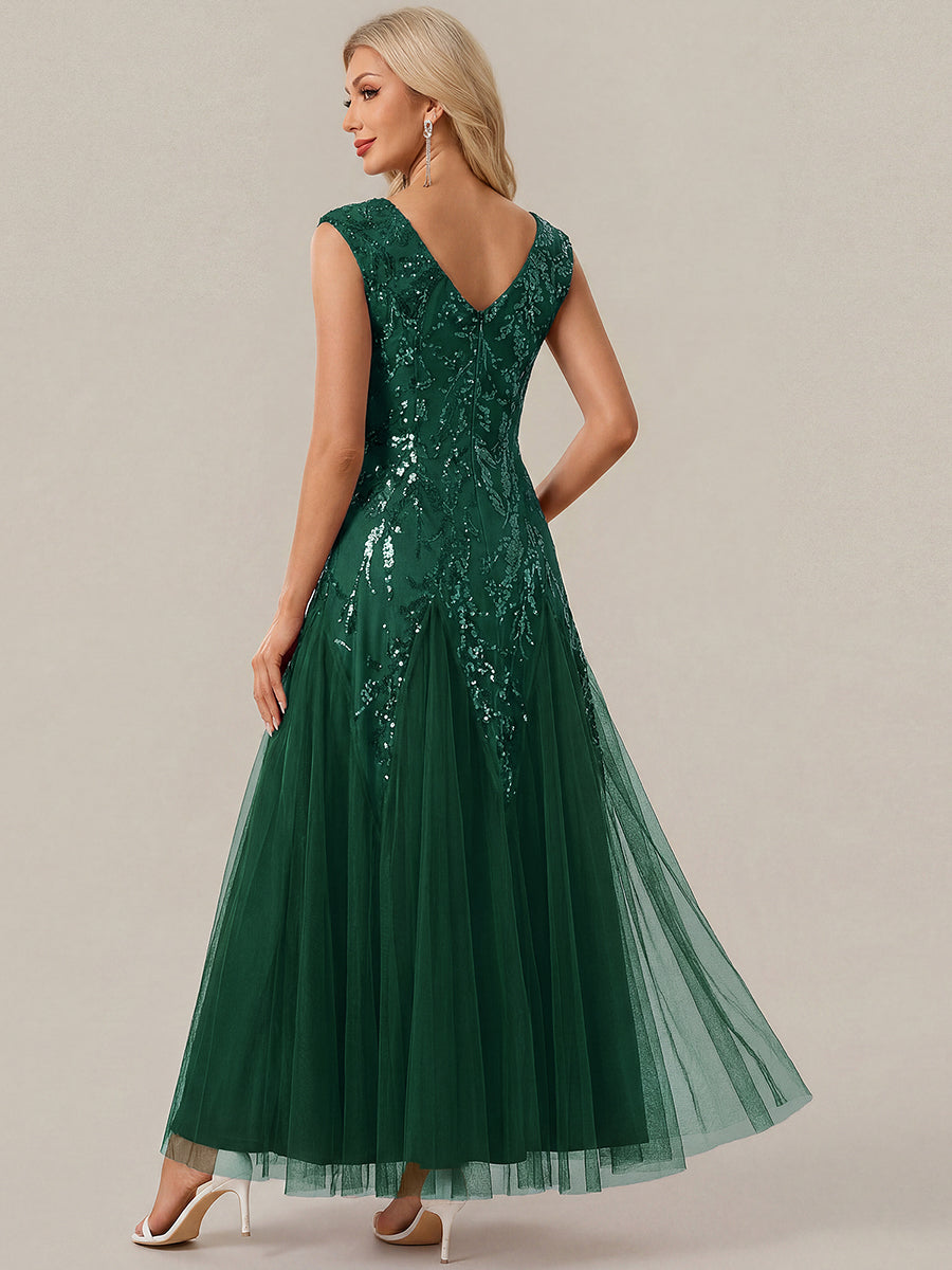 Freya Navy Sequin Embroidered Cap Sleeve Maxi Evening Dress