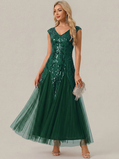 Freya Navy Sequin Embroidered Cap Sleeve Maxi Evening Dress