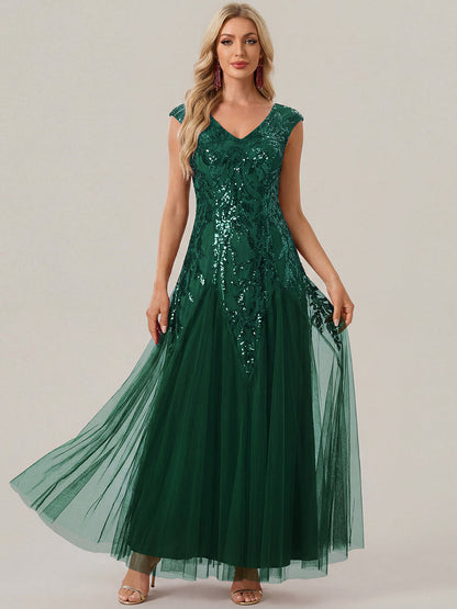 Freya Navy Sequin Embroidered Cap Sleeve Maxi Evening Dress