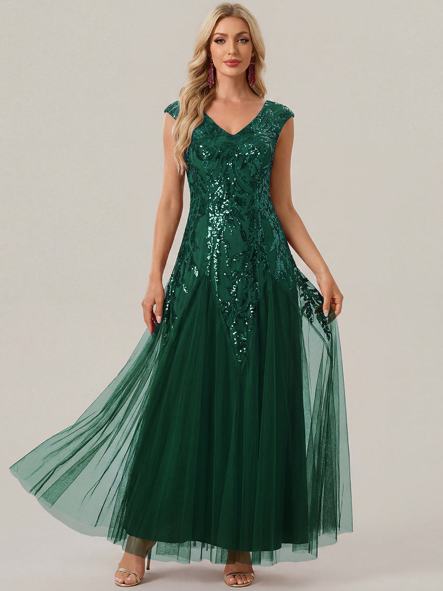 Freya Navy Sequin Embroidered Cap Sleeve Maxi Evening Dress