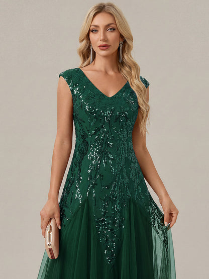 Freya Navy Sequin Embroidered Cap Sleeve Maxi Evening Dress