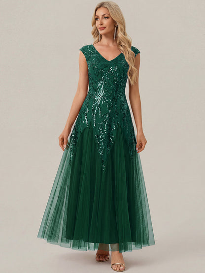 Freya Navy Sequin Embroidered Cap Sleeve Maxi Evening Dress