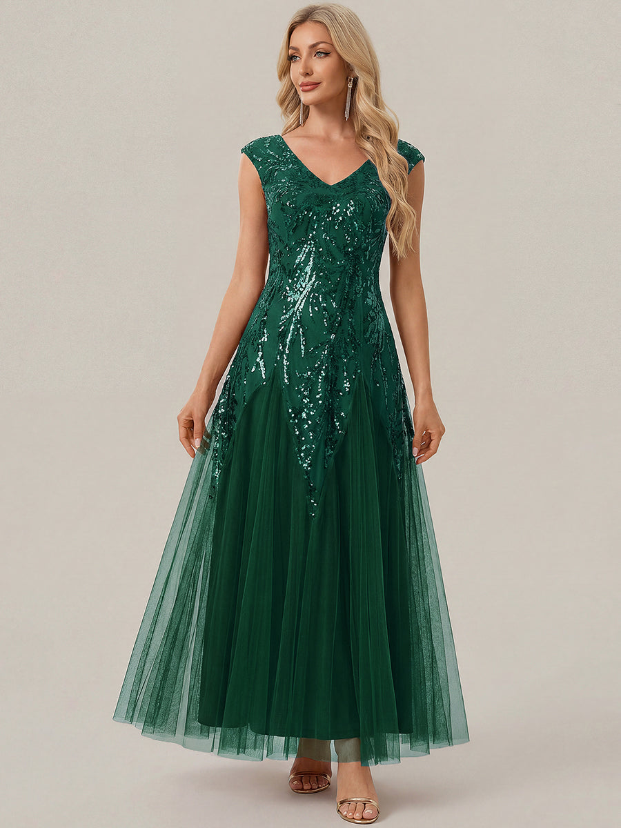 Freya Navy Sequin Embroidered Cap Sleeve Maxi Evening Dress