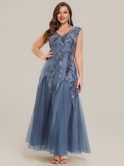 Freya Navy Sequin Embroidered Cap Sleeve Maxi Evening Dress