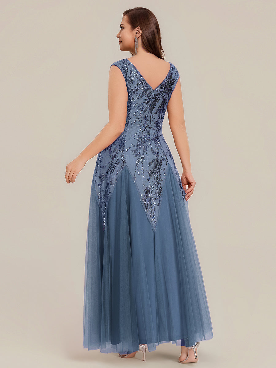 Freya Navy Sequin Embroidered Cap Sleeve Maxi Evening Dress