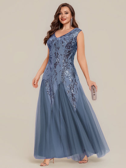 Freya Navy Sequin Embroidered Cap Sleeve Maxi Evening Dress