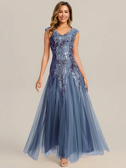 Freya Navy Sequin Embroidered Cap Sleeve Maxi Evening Dress