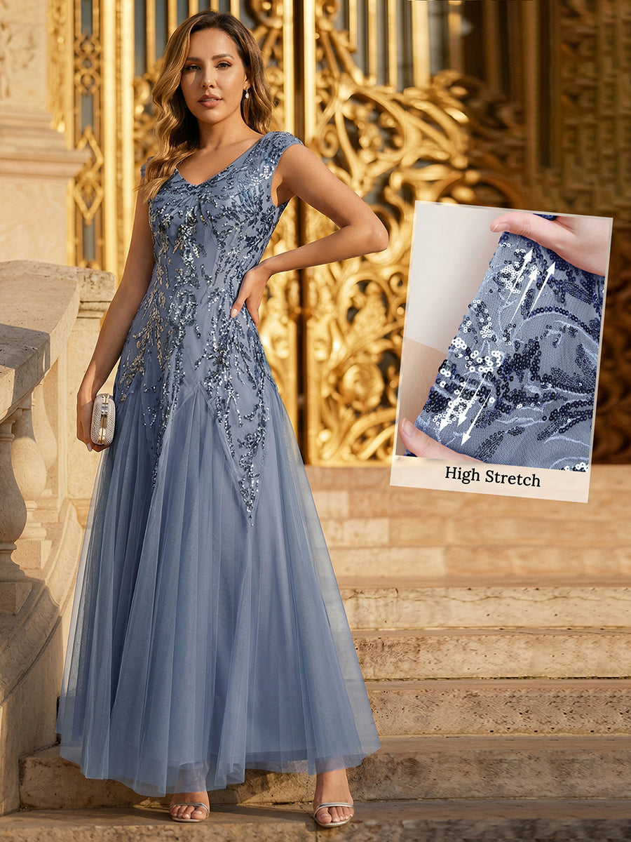 Freya Navy Sequin Embroidered Cap Sleeve Maxi Evening Dress