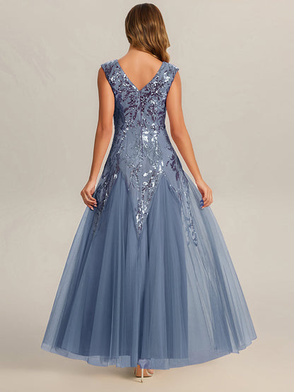 Freya Navy Sequin Embroidered Cap Sleeve Maxi Evening Dress
