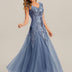 Freya Navy Sequin Embroidered Cap Sleeve Maxi Evening Dress - Dusty Blue