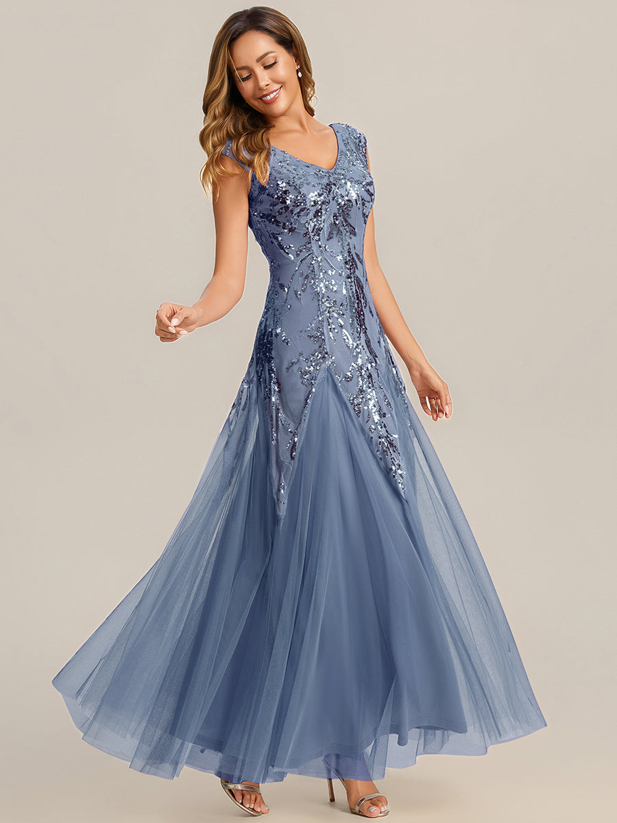 Freya Navy Sequin Embroidered Cap Sleeve Maxi Evening Dress