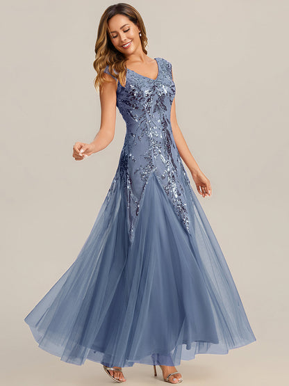 Freya Navy Sequin Embroidered Cap Sleeve Maxi Evening Dress