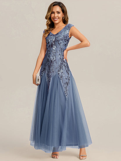 Freya Navy Sequin Embroidered Cap Sleeve Maxi Evening Dress