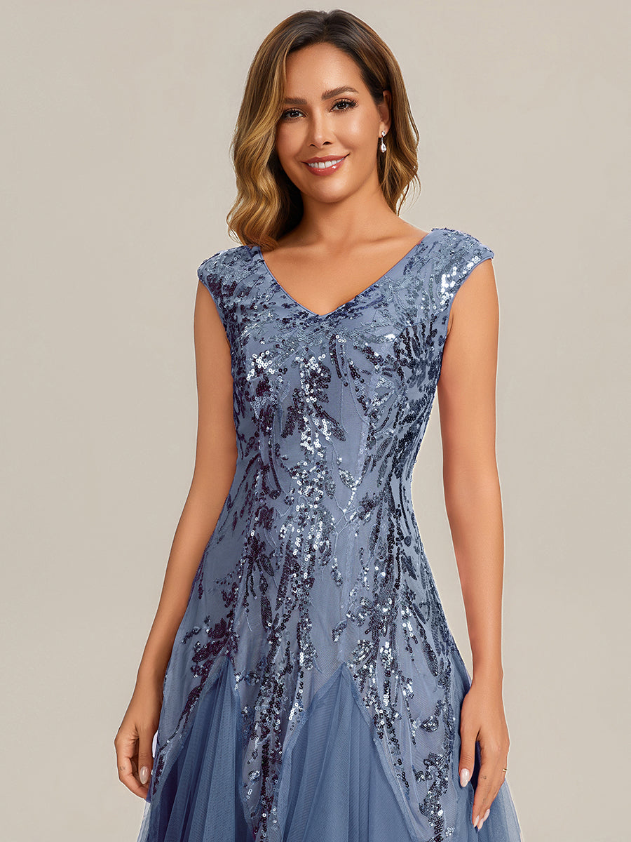 Freya Navy Sequin Embroidered Cap Sleeve Maxi Evening Dress