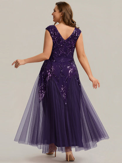 Freya Navy Sequin Embroidered Cap Sleeve Maxi Evening Dress