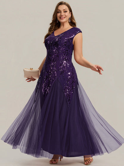 Freya Navy Sequin Embroidered Cap Sleeve Maxi Evening Dress