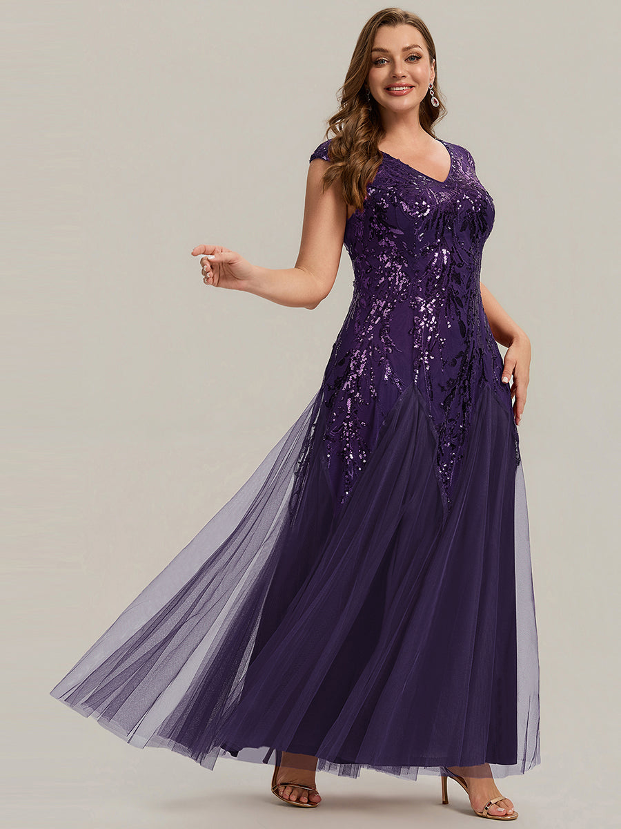 Freya Navy Sequin Embroidered Cap Sleeve Maxi Evening Dress
