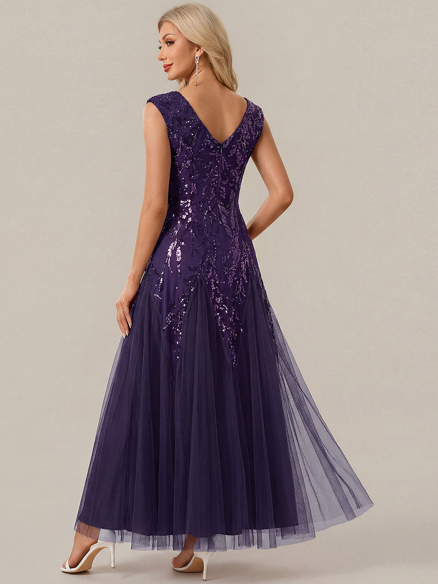 Freya Navy Sequin Embroidered Cap Sleeve Maxi Evening Dress