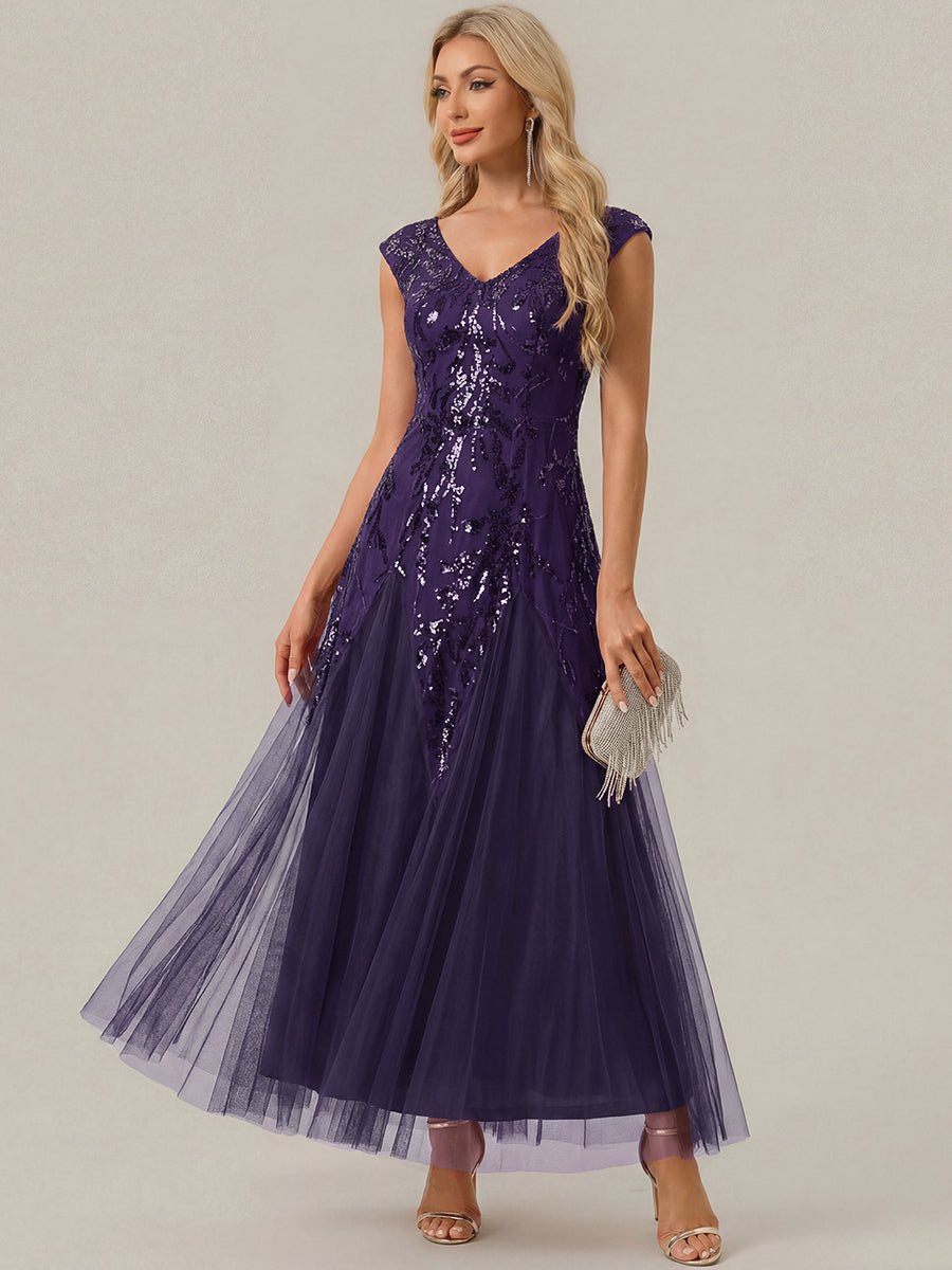 Freya Navy Sequin Embroidered Cap Sleeve Maxi Evening Dress