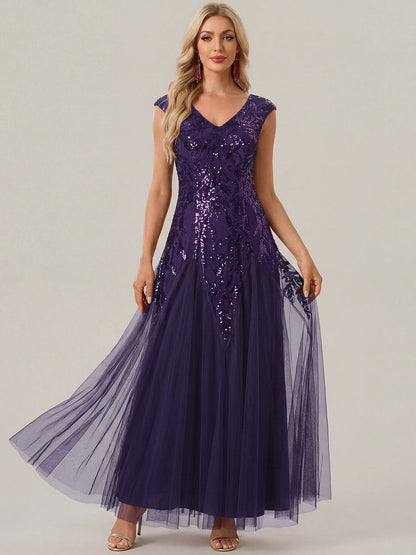 Freya Navy Sequin Embroidered Cap Sleeve Maxi Evening Dress