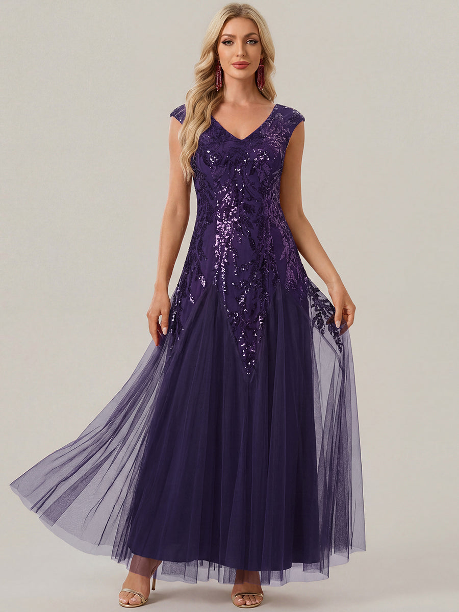 Freya Navy Sequin Embroidered Cap Sleeve Maxi Evening Dress